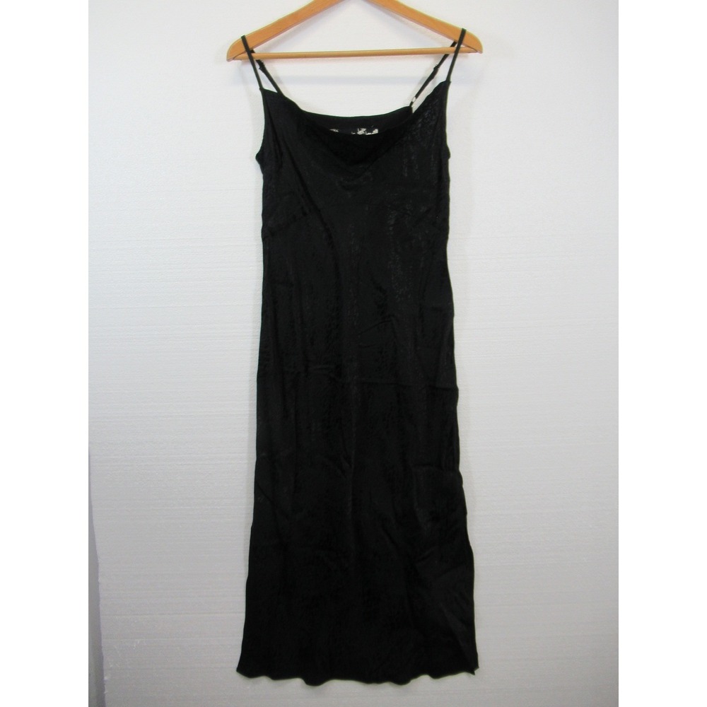 Anthropologie Jacquard Satin Slip Dress Women 6 Black Slits Cowl Neck